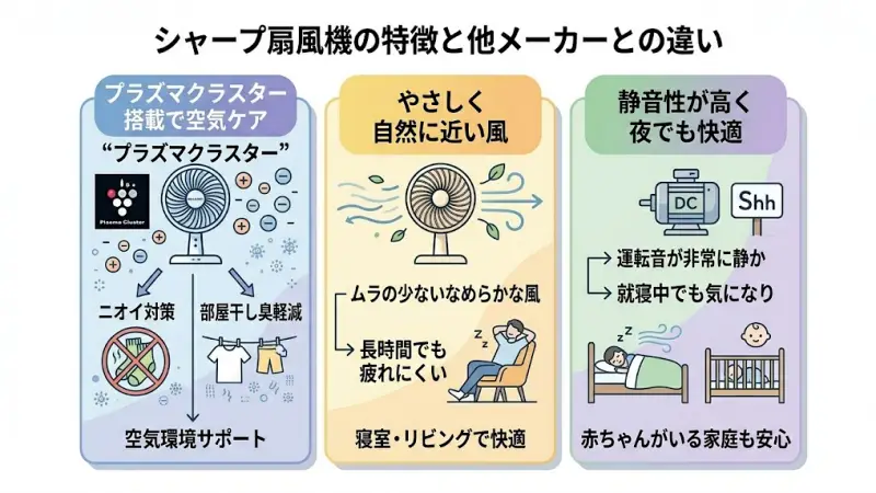 プラズマクラスター搭載や静音性など、シャープ扇風機の強み
