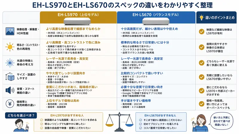 EH-LS970とEH-LS670のスペック違いを比較した図解。映像処理・明るさ・光源・サイズ・音質・価格などを一覧で整理し、それぞれの特徴と選び方をわかりやすく解説したインフォグラフィック。