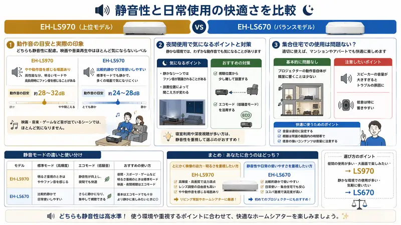 EH-LS970とEH-LS670の静音性と使い勝手を比較した図解。動作音の目安や実際の印象、夜間使用の注意点、集合住宅での使い方、静音モードの違いをわかりやすくまとめたインフォグラフィック。