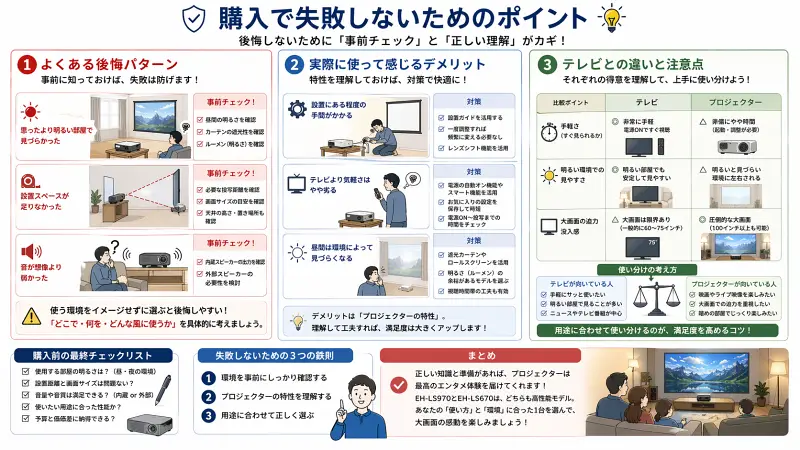 プロジェクター購入で意外と多いのが「思っていたのと違った」という後悔です。

特に多い失敗は以下の通りです。

思ったより明るい部屋で見づらかった
設置スペースが足りなかった
音が想像より弱かった