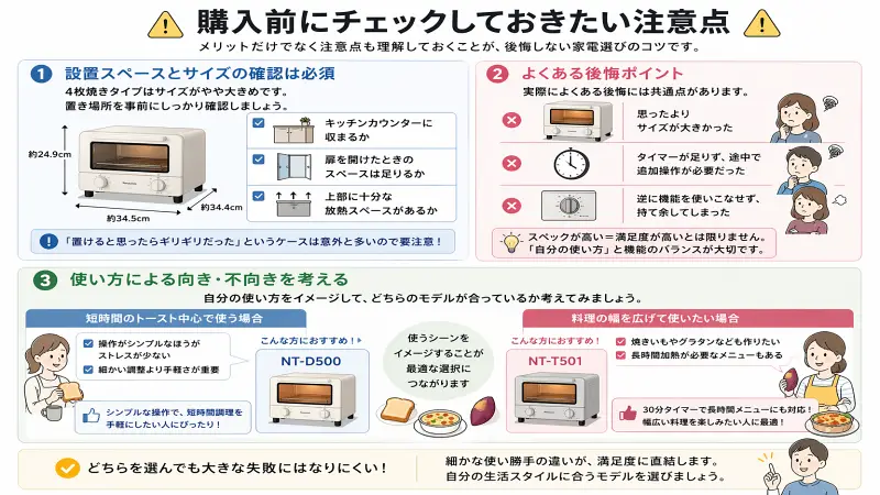 NT-D500とNT-T501購入前の注意点をまとめた図解。設置スペース確認、よくある後悔ポイント、使い方別の向き不向きをチェックリスト形式でわかりやすく解説。
