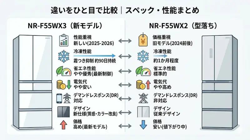 NR-F55WX3（新モデル）とNR-F55WX2（型落ち）の主要スペックと性能の違いを比較した一覧表のイメージ