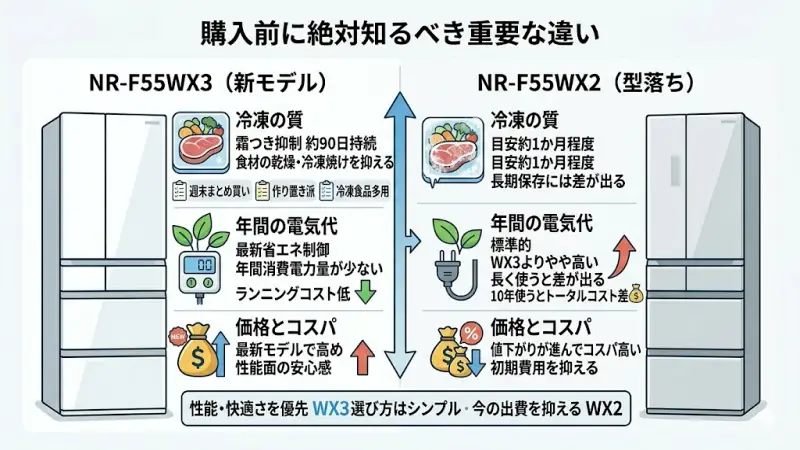 冷凍の質・省エネ性能・価格の3点に絞ったNR-F55WX3とWX2の決定的な違いの解説図