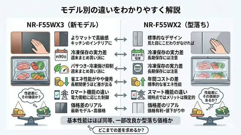 新旧モデルの外観質感や冷凍霜つき抑制期間（約90日 vs 約30日）の差を比較した詳細イメージ