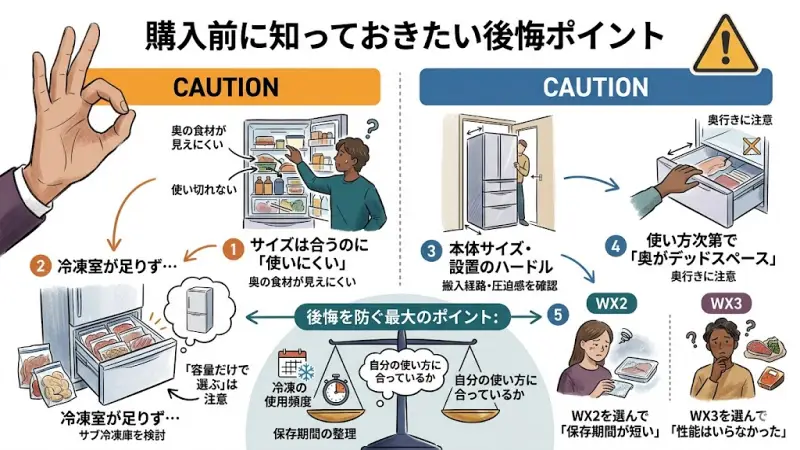 大型冷蔵庫の搬入経路の確認や奥行きによる使い勝手の注意点を示すイメージ画像