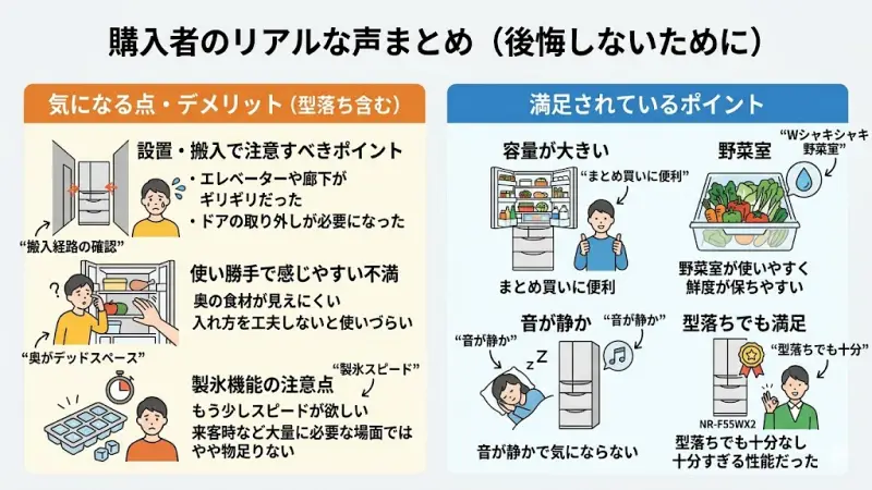 NR-F55WXシリーズ利用者の良い口コミと気になる不満点をまとめたユーザーレビューのイメージ