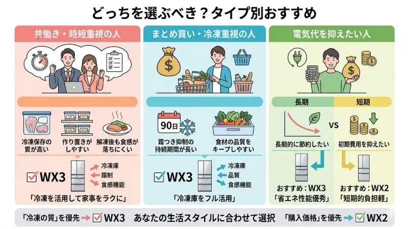 「冷凍重視」「コスパ重視」「まとめ買い派」などライフスタイルに合わせた最適なモデルの選び方図解