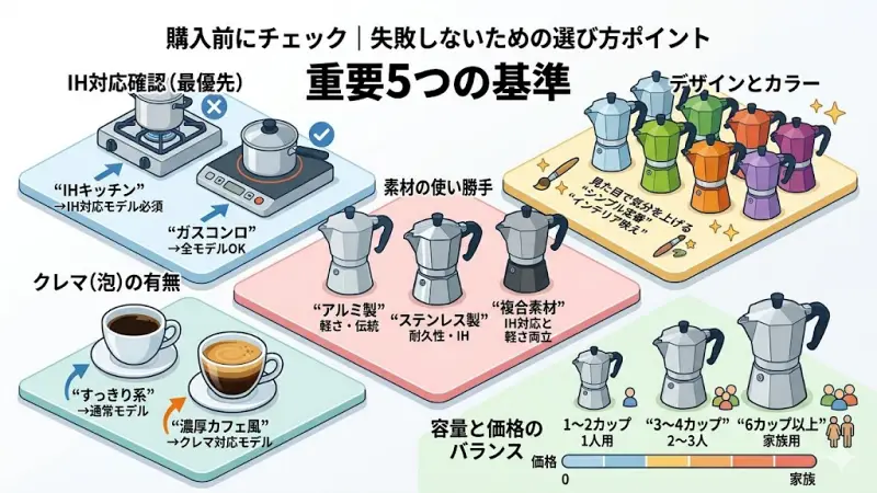 ビアレッティ選びで重要な熱源の確認とクレマ（泡）の有無を説明するアイコン画像