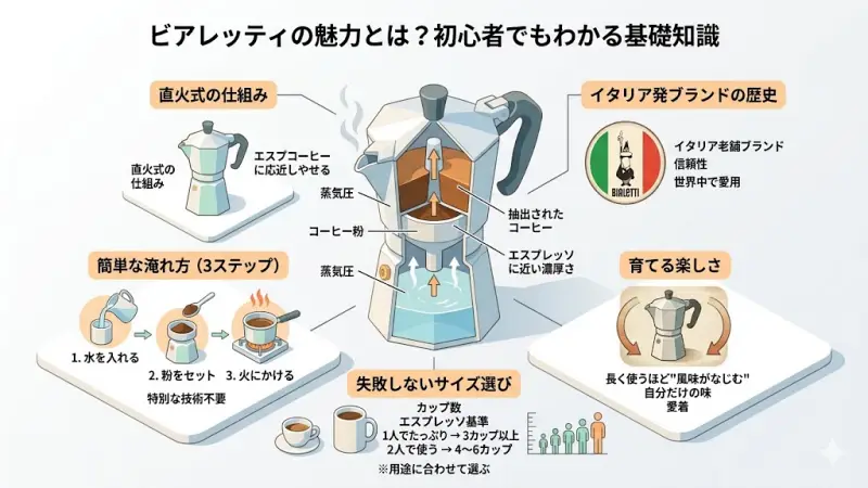 直火式コーヒーメーカーが蒸気圧で抽出する仕組みの断面図解