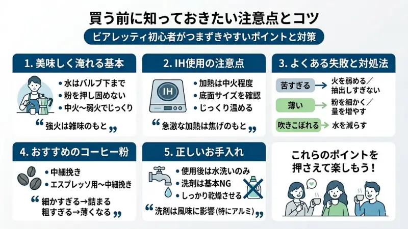 ビアレッティを美味しく淹れるための適切な水位とコンロの火加減を示す解説画像