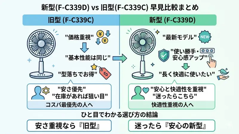 パナソニック扇風機F-C339C（旧型）とF-C339D（新型）のどっちを選ぶべきか一目でわかる比較まとめ表
