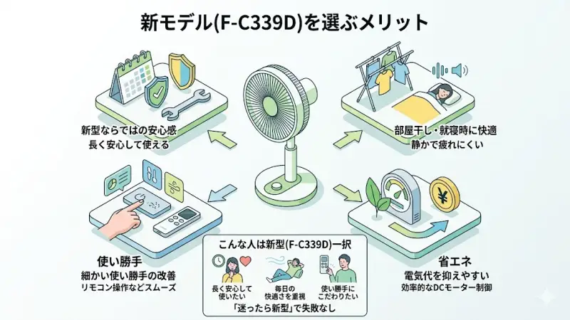 最新モデルF-C339Dを選ぶことで得られる安心感、サポート体制、日常の使い勝手の向上メリット