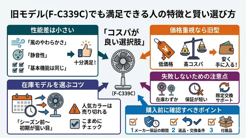 型落ちのF-C339Cを安くお得に手に入れるメリットと、購入前に確認すべき在庫・保証の注意点
