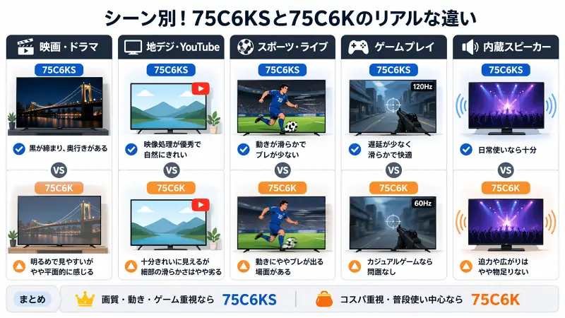 75C6KSと75C6Kの違いをシーン別に比較した図。映画は黒の深さ、テレビ視聴は補正力、スポーツは動きの滑らかさ、ゲームは遅延の少なさ、音質はどちらも標準的で、総合的にKSは高画質・高性能、Kはコスパ重視であることを示している。