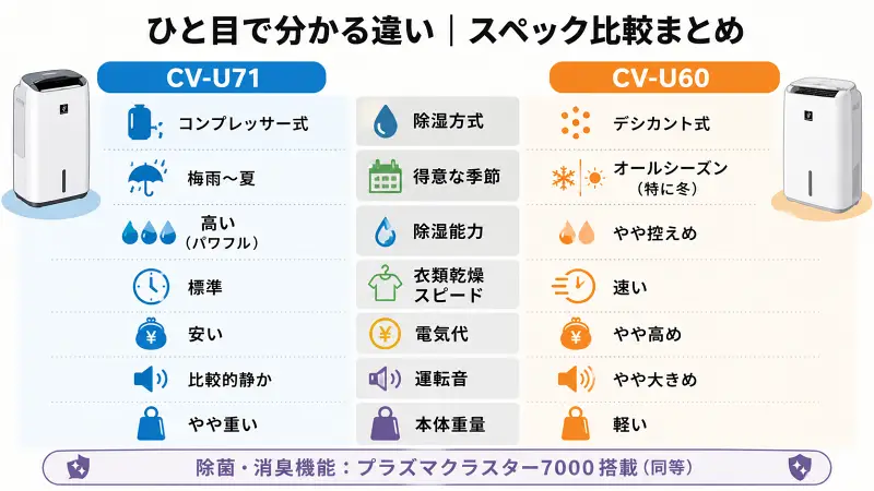 CV-U71とCV-U60の違いを左右で比較した図。CV-U71はコンプレッサー式で電気代が安く梅雨〜夏向き、CV-U60はデシカント式で乾燥スピードが速く冬にも強い特徴を示している。