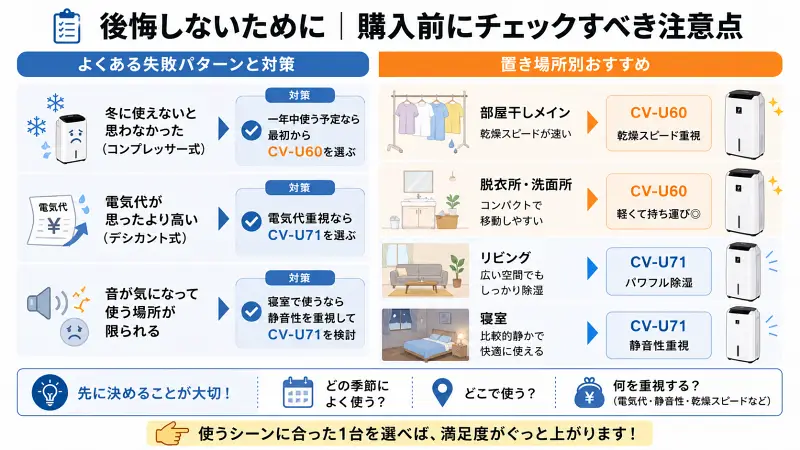 CV-U71とCV-U60の購入前チェックポイントをまとめた図。よくある失敗例（冬に弱い・電気代・運転音）と対策に加え、部屋干しや脱衣所はCV-U60、リビングや寝室はCV-U71がおすすめと使用シーン別に整理されている。