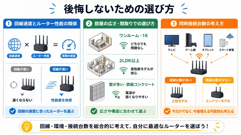 Wi-Fiルーター選びのポイントを3つに分けて解説した図解。回線速度とルーター性能の関係、部屋の広さや壁による電波影響、接続台数によるモデル選び（上位・エントリー）を視覚的に比較している。