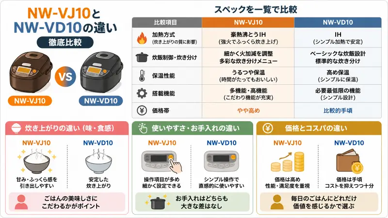 NW-VJ10とNW-VD10の違いを比較した図解。加熱方式・炊き上がりの味・使いやすさ・価格帯の違いを左右で整理し、どちらが自分に合うか一目で分かる内容。
