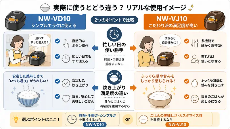NW-VJ10とNW-VD10の実際の使用イメージを比較した図解。忙しい日の使いやすさはNW-VD10、炊き上がりの満足度はNW-VJ10が優れている点を分かりやすく整理。
