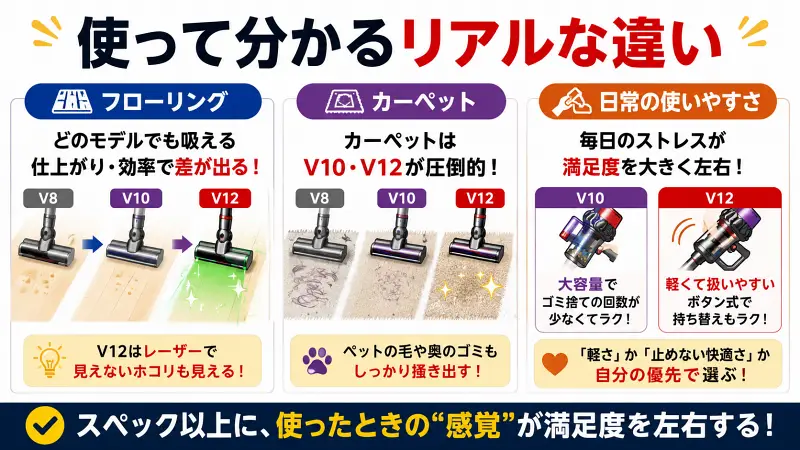 ダイソンV8・V10・V12の実際に使った時の違いを比較した16:9バナー図解。フローリング・カーペット・日常の使いやすさを視覚的に整理し、満足度の差を瞬時に理解できるデザイン。