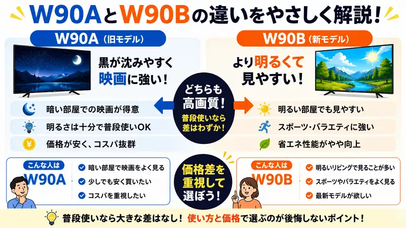W90AとW90Bの違いを比較した16:9図解。W90Aは映画向けでコスパ重視、W90Bは明るい部屋向けで見やすさ重視とやさしく解説。