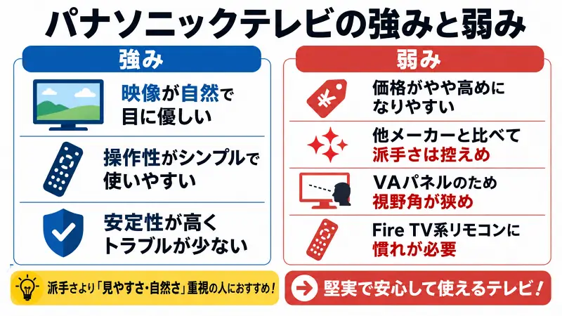 パナソニックテレビW90A・W90Bの強みと弱みを比較した図解。自然で目に優しい映像、シンプル操作、高い安定性が特徴。一方で価格や視野角、Fire TVリモコンの慣れが必要な点も解説。堅実で使いやすいテレビを選びたい人向け。