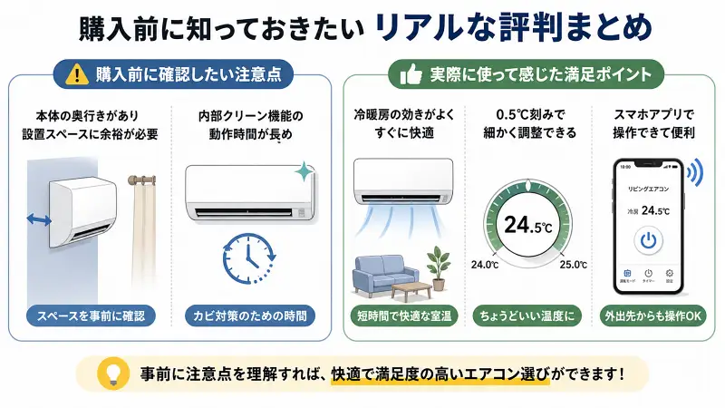 エアコン購入前の評判を左右比較で示した図解。左に注意点（奥行き・スペース・内部クリーン時間）、右に満足点（冷暖房の効き・0.5℃調整・スマホ操作）をシンプルなアイコンで表現した16:9のフラットデザイン。