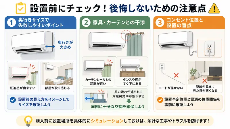 エアコン設置前の注意点を3つに整理した図解。①奥行きサイズによる圧迫感（出っ張り・狭く感じる）②家具やカーテンとの干渉（風が遮られる）③コンセント位置の問題（コード不足・見た目悪化）を示した16:9のフラットデザイン。