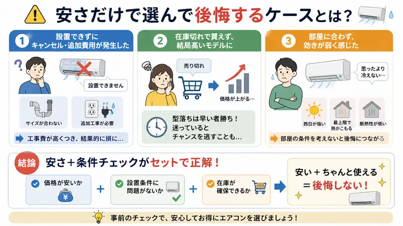 エアコンを安さだけで選んで後悔するケースを示した16:9図解。左に「設置できず追加費用」、中央に「在庫切れで高額モデルへ」、右に「部屋に合わず効きが弱い」の3失敗例を配置。下部に「価格・設置条件・在庫確認の3点チェックが重要」と結論を示している。