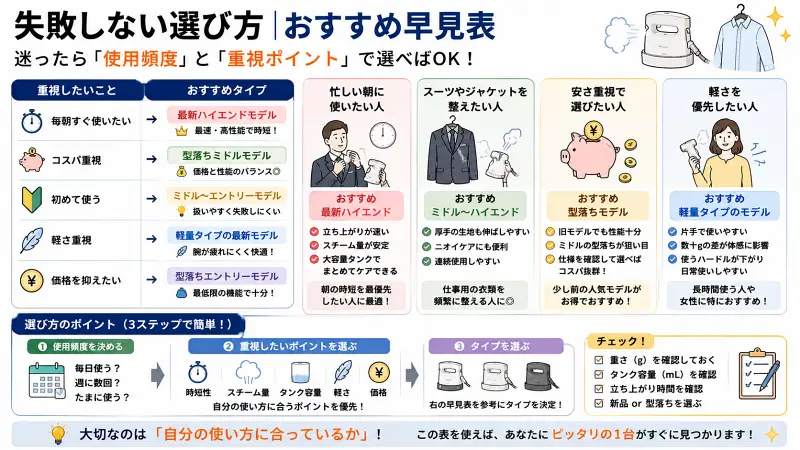 パナソニック衣類スチーマーのおすすめ早見表をまとめた16:9図解。使用頻度や重視ポイント別に、最新ハイエンド・型落ちミドル・エントリー・軽量モデルなどのおすすめタイプを整理し、「自分の使い方に合うモデル選び」が重要だと解説している。