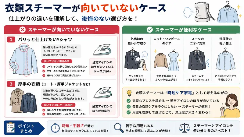 衣類スチーマーが向いていないケースを整理した16:9図解。パリッと仕上げたいYシャツや厚手コートには通常アイロンが向いている一方、軽いシワ取り・ニットケア・スーツのニオイ対策にはスチーマーが便利だと比較している。