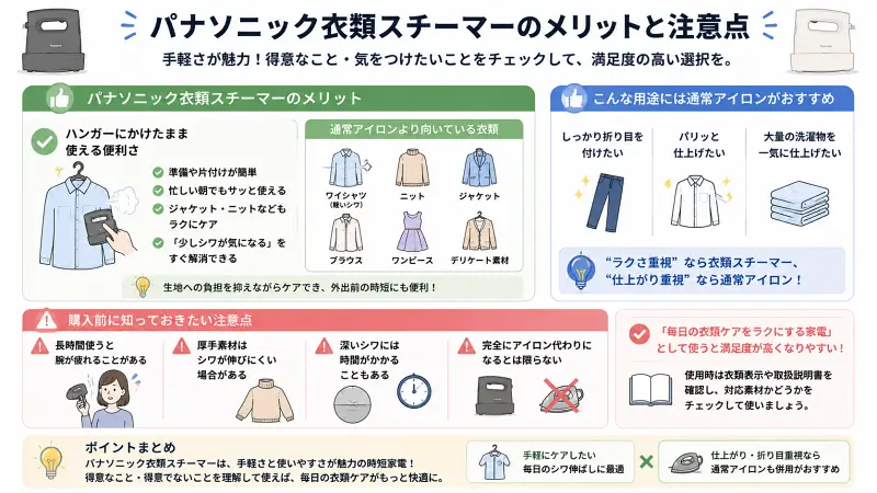 パナソニック衣類スチーマーのメリットと注意点を整理した16:9図解。ハンガーにかけたまま使える便利さ、ワイシャツ・ニット・ジャケット向きの特徴を紹介しつつ、厚手素材や折り目仕上げには通常アイロンが向いている点も解説。購入前に知っておきたい注意点をイラスト付きでまとめたインフォグラフィック。