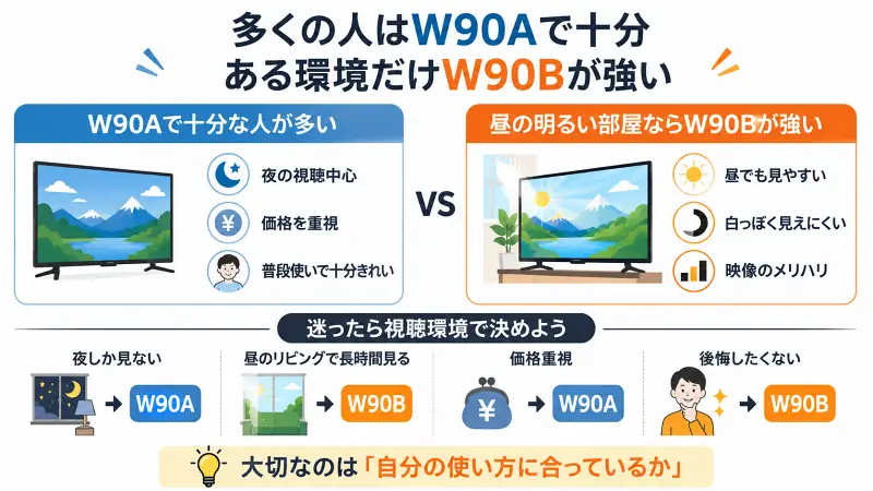 W90AとW90Bの比較図。多くの人はW90Aで十分だが、昼の明るい部屋ではW90Bが見やすい。