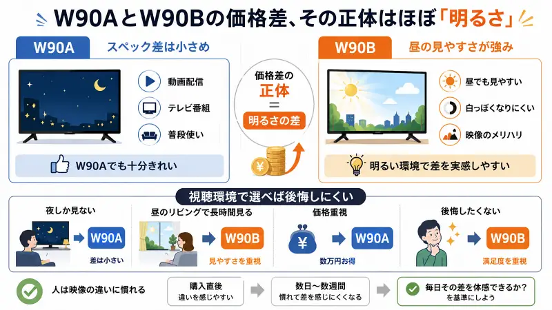 W90AとW90Bの価格差を比較した図解。大きな違いは昼の明るさ性能と見やすさ。