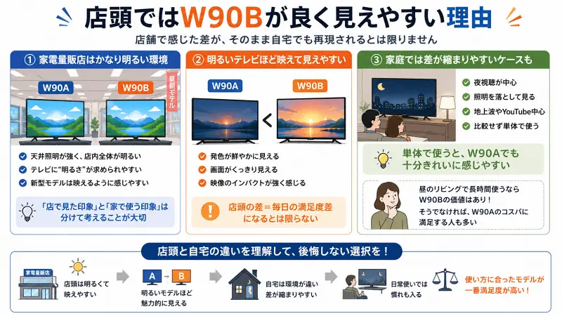 店頭でW90Bが綺麗に見えやすい理由を解説した図解。明るい売り場では差が強調されやすい。