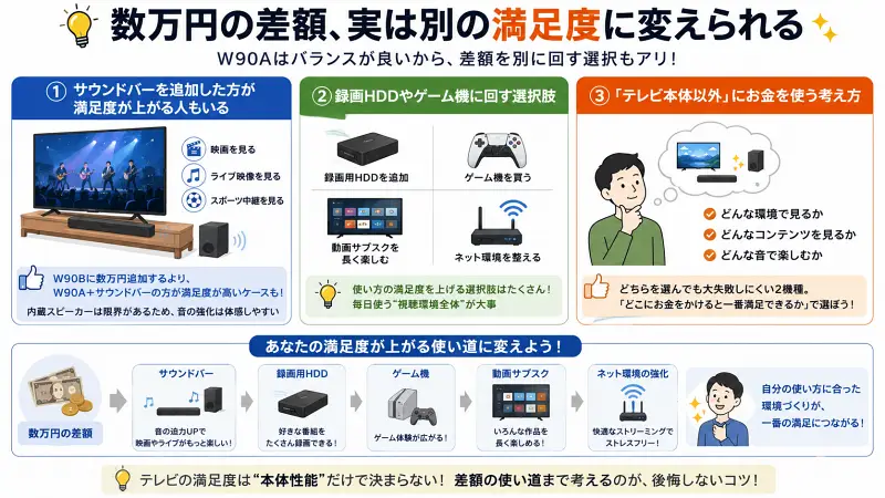W90AとW90Bの差額活用を解説した図。サウンドバーやゲーム機に回す選択肢も紹介。