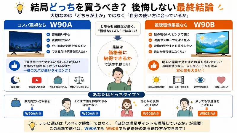 W90AとW90Bの選び方まとめ。コスパ重視はW90A、快適さや明るさ重視ならW90B向き。