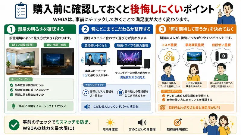 W90A購入前に確認したいポイントをまとめた画像。部屋の明るさ、音へのこだわり、コスパ重視か最高画質重視かを整理する重要性を紹介。