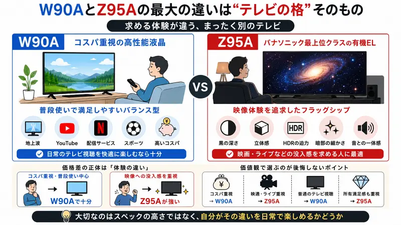 W90Aを高性能ミドルクラス液晶、Z95Aを最上位有機ELとして比較した16:9図解。W90Aはコスパと普段使い重視、Z95Aは黒表現・HDR・没入感重視という違いを整理し、「スペック差」ではなく「体験差」であることを視覚的にまとめている。