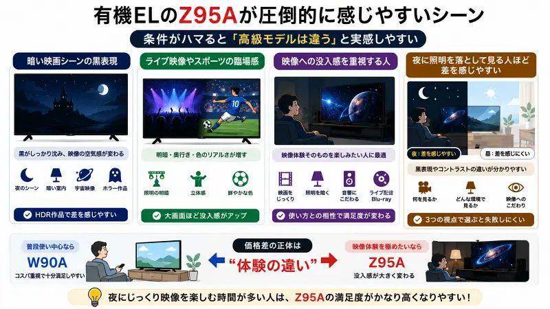 Z95Aの強みが出やすいシーンをまとめた16:9インフォグラフィック。暗い映画シーン、ライブ映像、スポーツ観戦、夜の暗室視聴など、有機ELならではの黒表現や没入感が体感しやすい場面をイラストで解説している。