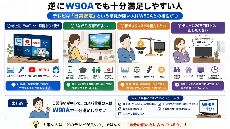 W90Aが向いている人の特徴を整理した16:9図解。地上波・YouTube・配信中心、ながら視聴、家族利用、コスパ重視など、日常使いメインならW90Aで十分満足しやすいことを分かりやすく比較している。