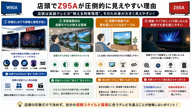 家電量販店でZ95Aが映えて見える理由を解説した16:9インフォグラフィック。HDRデモ映像や強い照明環境によって高級有機ELテレビが目立ちやすい一方、家庭環境では差を感じにくいケースもあることを比較形式で整理している。