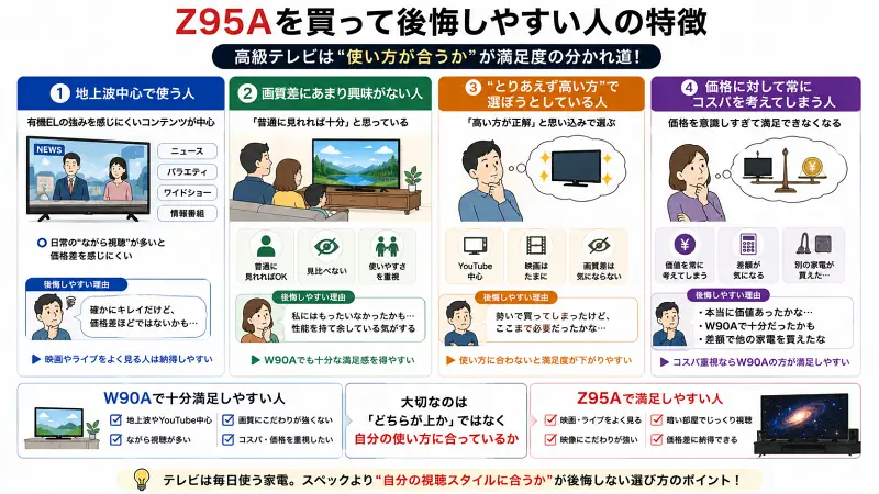 Z95A購入後に後悔しやすい人の傾向をまとめた16:9図解。地上波中心、画質差に興味が薄い、コスパ重視、「とりあえず高い方」で選ぶ人は価格差を持て余しやすいことをイラスト付きで整理している。
