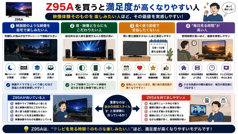 Z95Aと相性が良い人をまとめた16:9インフォグラフィック。映画好き、ライブ映像重視、音と映像へのこだわり、長時間視聴など、“テレビ時間そのものを楽しみたい人”ほど満足度が高くなりやすいことを解説している。