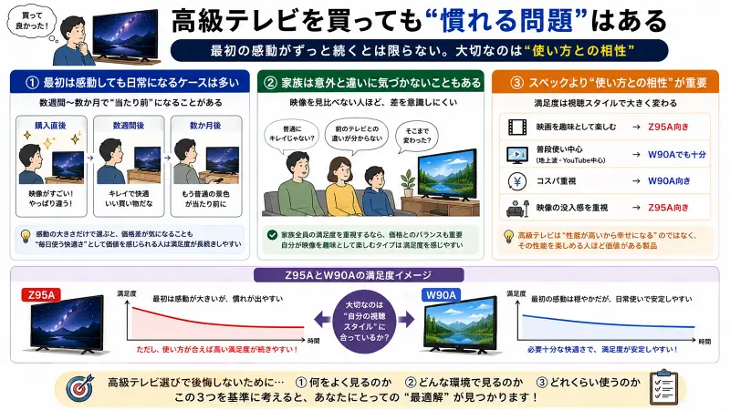 高級テレビ購入後に起こりやすい“慣れ”をテーマにした16:9図解。購入直後の感動が日常化しやすいこと、家族は画質差に気づきにくいこと、最終的にはスペックより視聴スタイルとの相性が重要であることを比較形式でまとめている。