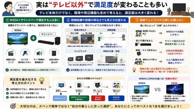 テレビ本体以外の要素が満足度に与える影響を解説した16:9インフォグラフィック。W90A＋サウンドバー構成、視聴距離、部屋の明るさなどによって体験が変わることを整理し、自宅環境込みで考える重要性を分かりやすくまとめている。