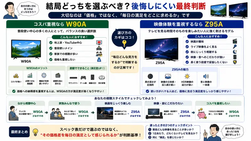W90AとZ95Aの最終的な選び方を整理した16:9比較インフォグラフィック。コスパ重視ならW90A、映画・ライブ・映像体験重視ならZ95Aと整理し、「毎日どんな見方をするか」が後悔しにくい判断基準であることを視覚的に解説している。