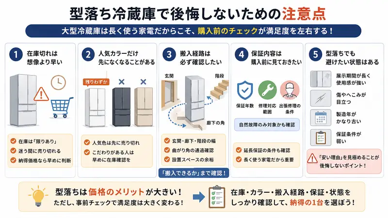 型落ち冷蔵庫で後悔しないための注意点をまとめた16:9のイラスト図解。在庫切れ、人気カラー、搬入経路、保証内容、商品の状態確認など購入前チェックポイントを整理し、「価格だけで選ばない重要性」を視覚的に解説している。