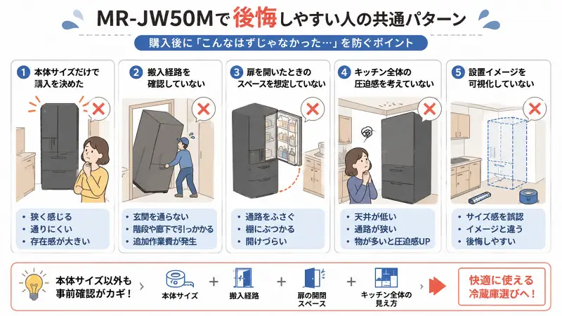MR-JW50Mで後悔しやすい人の共通パターンをまとめた16:9のフラットベクター図解。サイズ確認不足、搬入経路未確認、扉スペース不足、キッチン圧迫感、設置イメージ不足の5項目をイラスト付きで比較表示している。