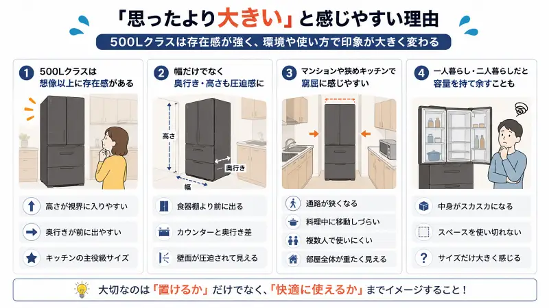 MR-JW50Mが「思ったより大きい」と感じやすい理由を整理した16:9のフラットベクター図解。500Lクラス特有の存在感、奥行きと高さによる圧迫感、狭いキッチンでの窮屈さ、一人暮らし・二人暮らしで容量を持て余しやすい点をイラスト付きで解説している。